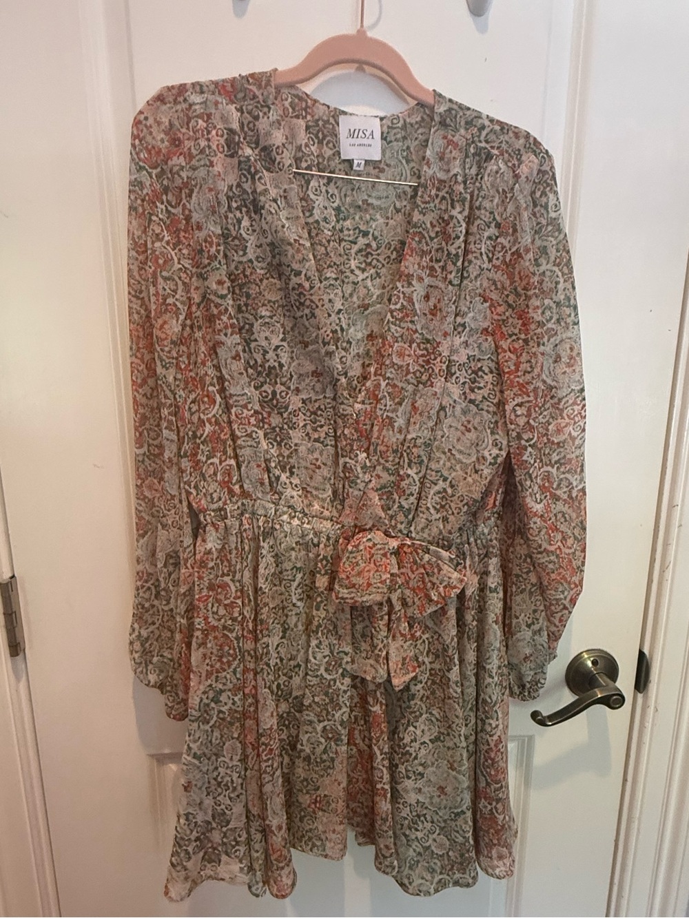 Misa Los Angeles Green and Coral Paisley Wrap Dress